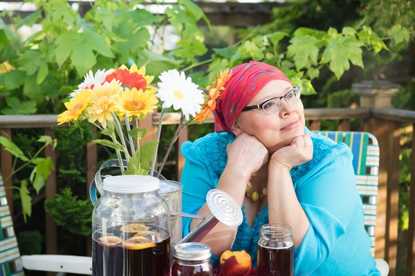 Female Takes In Sunset From Small Farm House Deck — Stock Photo, Image