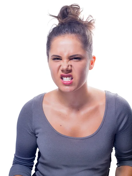 Junge kaukasische Hündin mit grauen Augen und braunen Haaren — Stockfoto