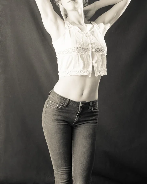 Slender Curvy Female Torso In Jeans — Stok Foto