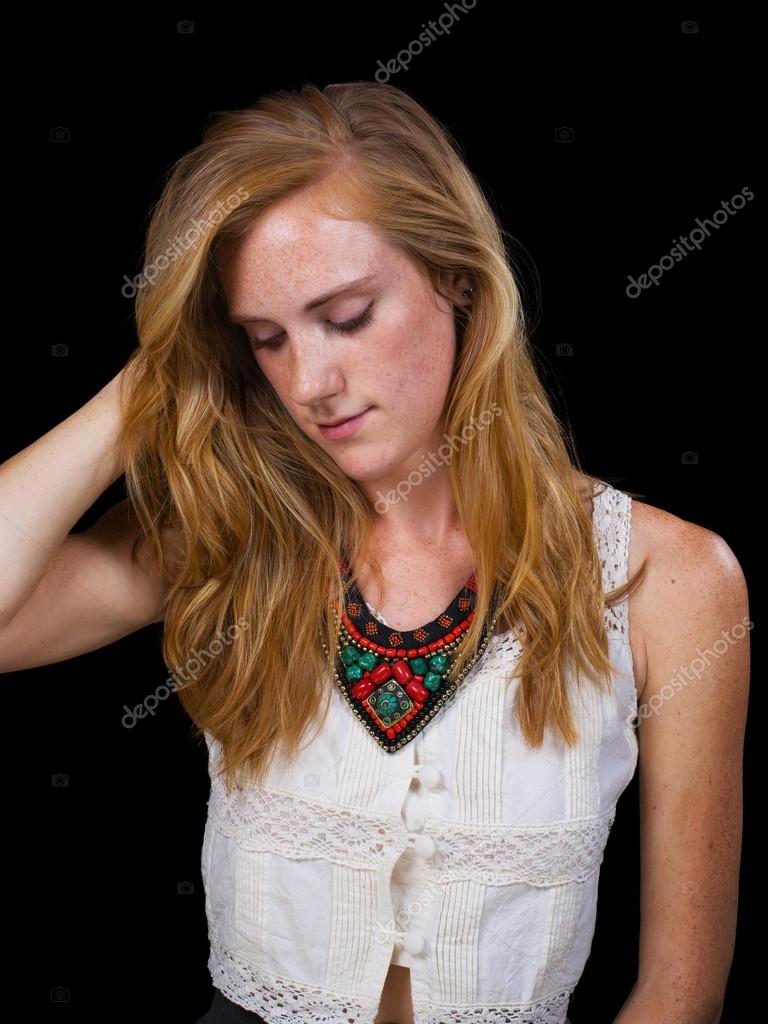 Attraktive Erdbeere Blonde Haare Blaue Augen Weiblich Stockfoto