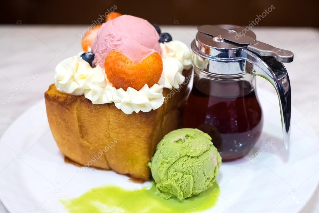 Shibuya honey toast with fruit and green tea ice cream, japanese dessert