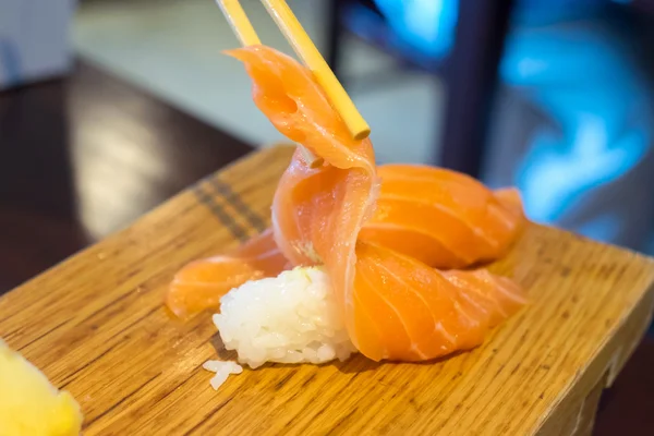 Close up of salmon sushi set — Stock Photo, Image