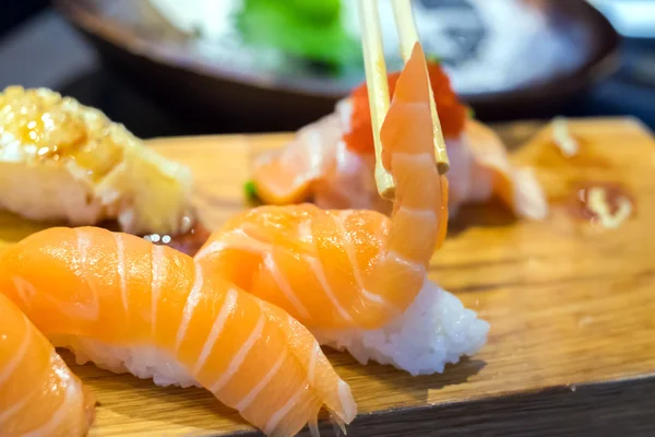 Close up of salmon sushi set — Stock Photo, Image