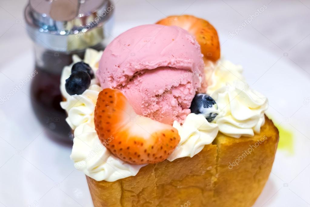 Shibuya honey toast with fruit and green tea ice cream, japanese dessert