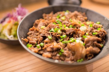 Gyudon kümesi: sığır eti ve pirinç ile Japon yemekleri