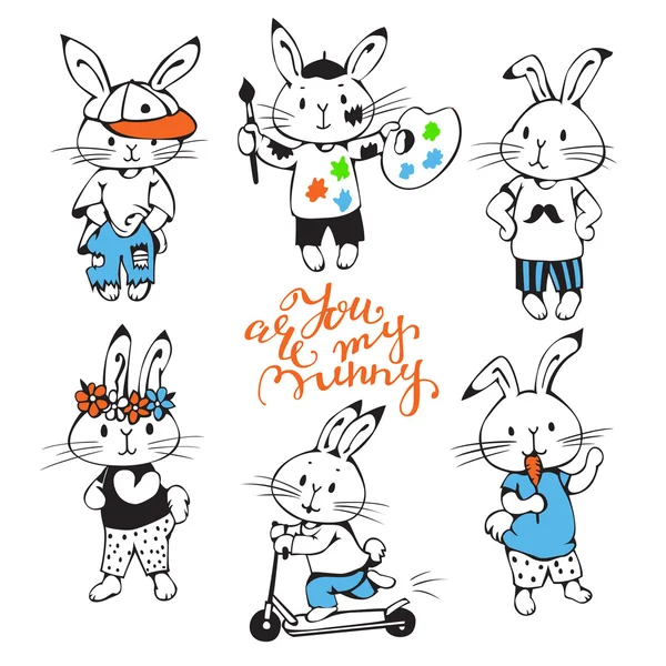 Coelhinhos engraçados dos desenhos animados — Vetor de Stock