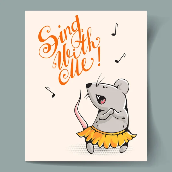 Carte postale avec une souris chantant — Image vectorielle