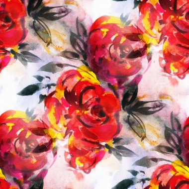 Kırmızı sulu boya gül ile Seamless Modeli