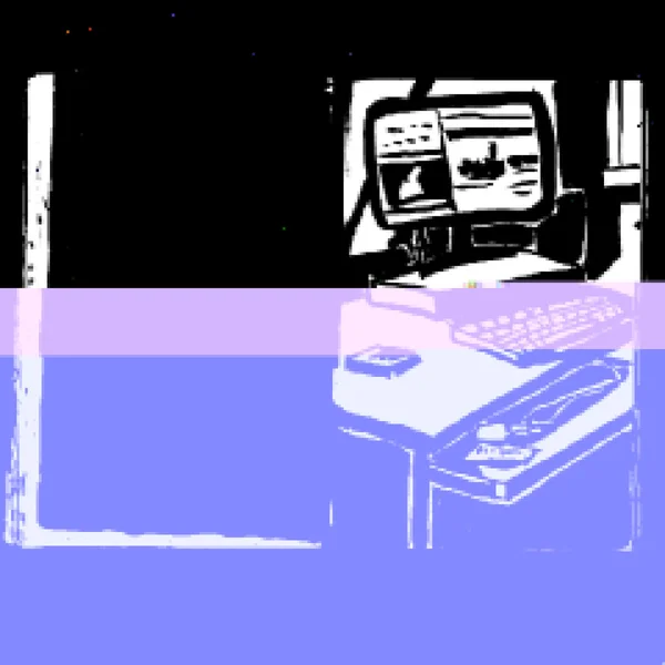 Luogo di lavoro con computer in stile glitch-art — Vettoriale Stock