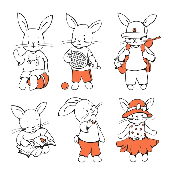 Divertido conjunto de conejos de dibujos animados — Vector de stock