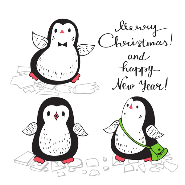Textura de los pingüinos con la inscripción de Navidad Marry — Vector de stock