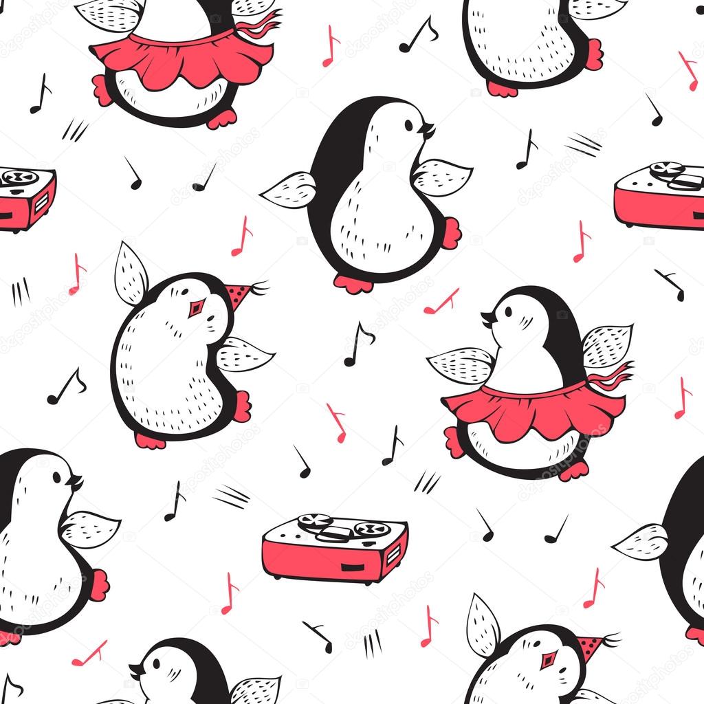 Seamless pattern with dancing penguins
