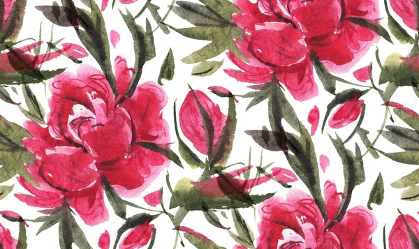 Modèle Sans Couture Avec Des Fleurs Aquarelle Pivoines Illustration Dessinée — Photo