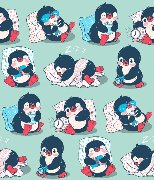 Padrão Sem Costura Com Pinguins Bonitos Ilustração Desenhada Mão Vetor —  Vetores de Stock