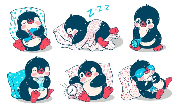 Een Set Stickers Met Leuke Pinguïns Geïsoleerd Van Achtergrond Vectorillustratie — Stockvector