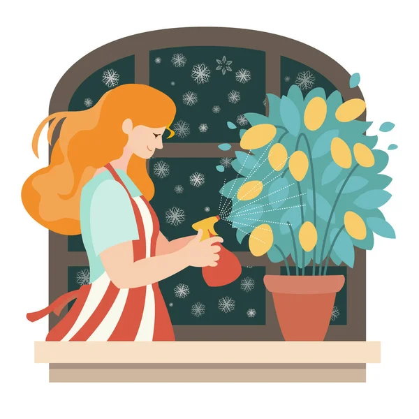 Home Plant Growing Young Woman Sprays Lemon Pot Vector — Stock Vector