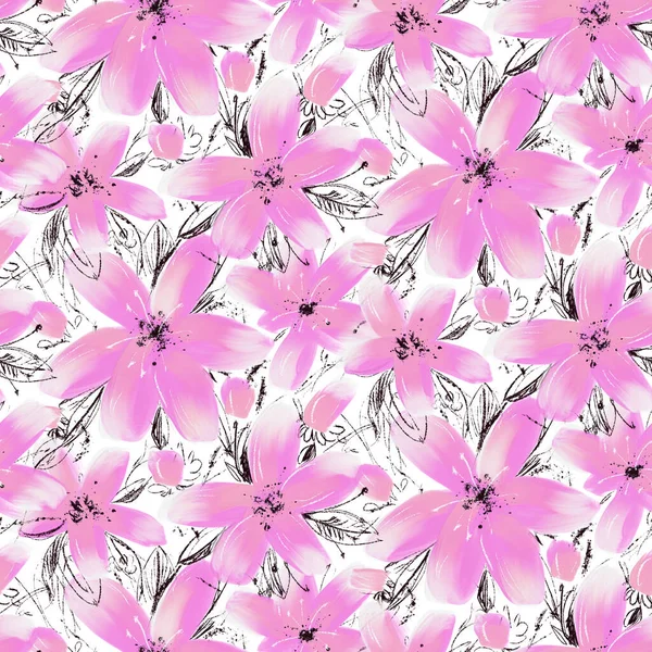 Seamless Pattern Watercolor Flowers Hand Drawn Illustration — Stock Photo, Image