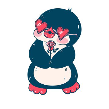 Beyaz arka planda izole edilmiş sevimli bir penguen tasviri. Sevgililer Günü. Vektör illüstrasyonu