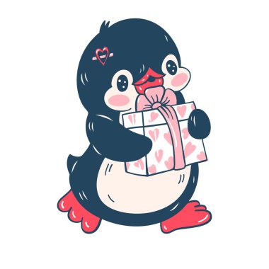 Beyaz arka planda izole edilmiş sevimli bir penguen tasviri. Sevgililer Günü. Vektör illüstrasyonu
