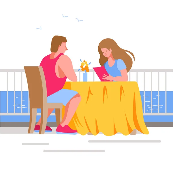 Una Giovane Coppia Sposata Seduta Tavolo Caffè Aperto Sulla Spiaggia — Vettoriale Stock