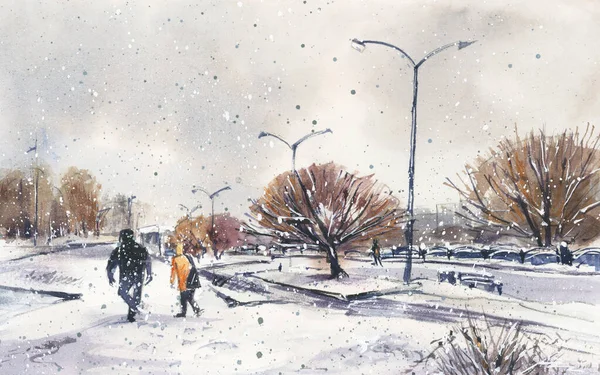 Χειμερινό Τοπίο Άνθρωποι Περπατούν Στο Πάρκο Της Πόλης Εικονογράφηση Υδατογραφίας — Φωτογραφία Αρχείου