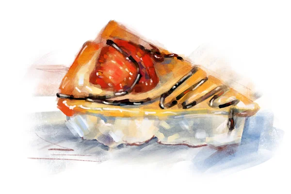 Kue Buatan Sendiri Cheesecake Dengan Stroberi Sketsa Dengan Cat Akrilik — Stok Foto