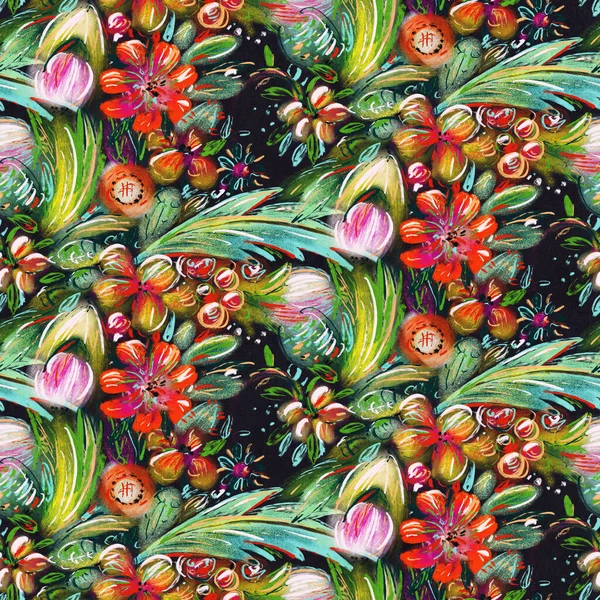 夏の生地のための明るい熱帯の花とシームレスなパターン アクリル絵具 手描きイラスト — ストック写真