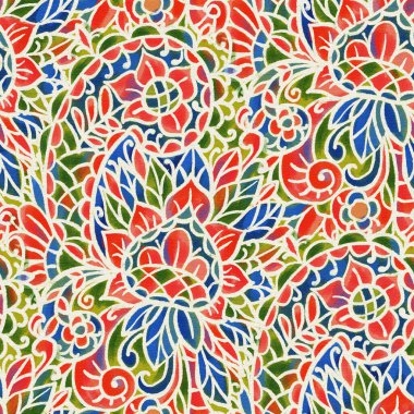 Çok renkli Paisley desenli kusursuz desen. Batik. Suluboya çizimi.
