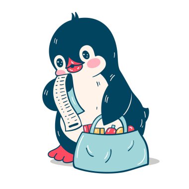 Kış illüstrasyonu. Dükkandaki komik penguen çizgi filmi, beyaz arka planda izole edilmiş. Vektör.