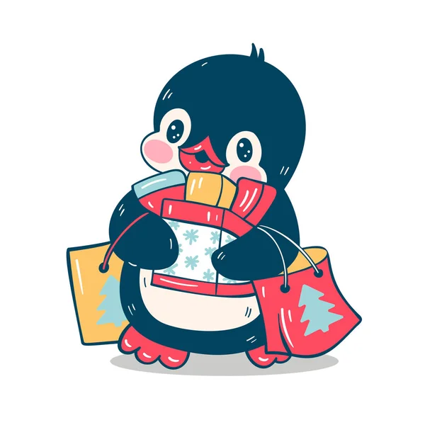 Ilustrasi Musim Dingin Penguin Kartun Lucu Toko Terisolasi Dengan Latar - Stok Vektor