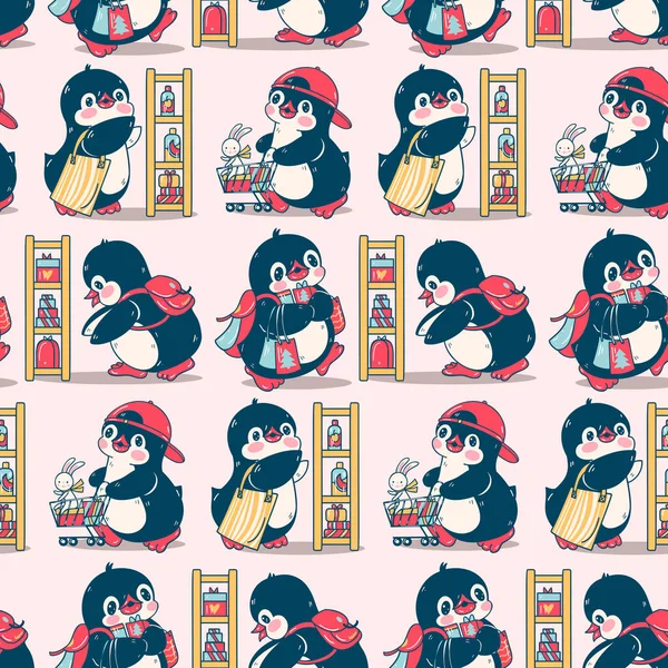 Бесшовный Рисунок Милыми Пингвинами Магазине Ручная Иллюстрация Вектор — стоковый вектор