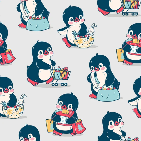 Modello Senza Cuciture Con Simpatici Pinguini Nel Negozio Illustrazione Disegnata — Vettoriale Stock