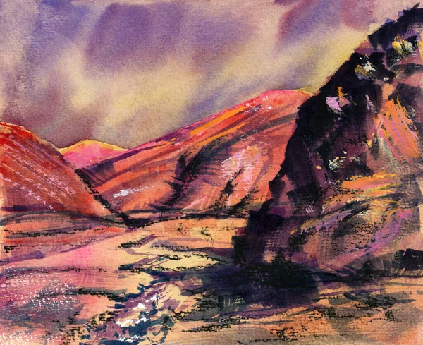 Montanhas Pintadas Vermelho Durante Pôr Sol Aquarela Ilustração Desenhada Mão — Fotografia de Stock