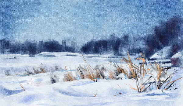 Winterlandschaft Mit Wald Hintergrund Ölmalerei Handgezeichnete Illustration — Stockfoto