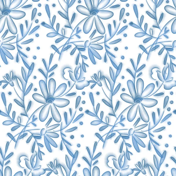 Modello Senza Cuciture Con Delicati Fiori Blu Sfondo Bianco Illustrazione — Foto Stock