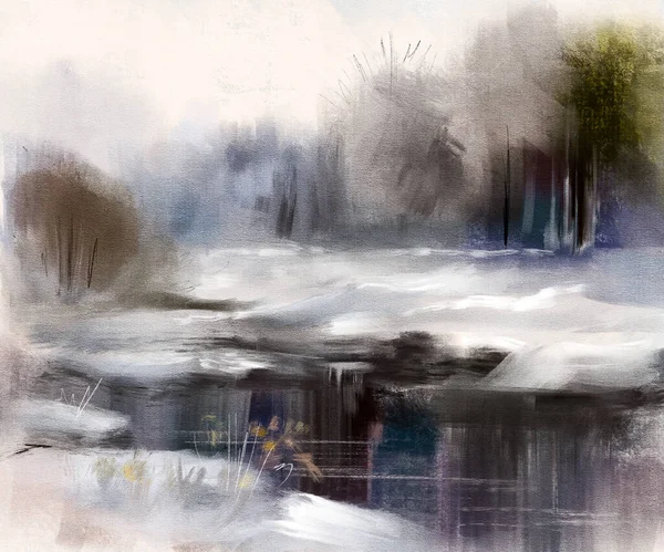 Paisagem Inverno Com Rio Floresta Pintura Óleo Ilustração Desenhada Mão — Fotografia de Stock