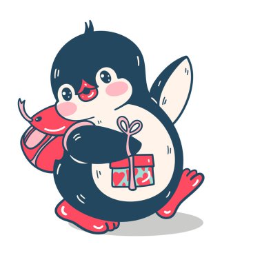 Beyaz arka planda izole edilmiş sevimli bir penguen tasviri. Doğum günü. Vektör illüstrasyonu