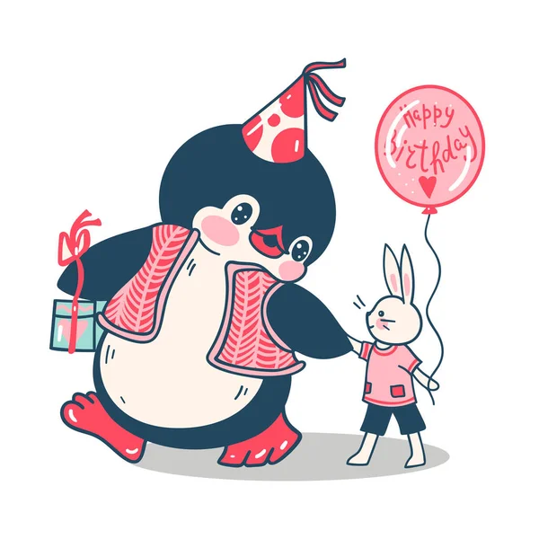 Illustratie Met Een Schattige Pinguïn Geïsoleerd Een Witte Achtergrond Verjaardag — Stockvector