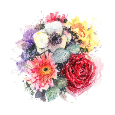 Beyaz arka planda izole edilmiş bir buket çiçek. Noktalarla çiziyorum. Vektör illüstrasyonu