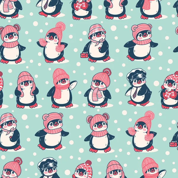 Modèle Sans Couture Avec Des Pingouins Mignons Illustration Dessinée Main — Image vectorielle
