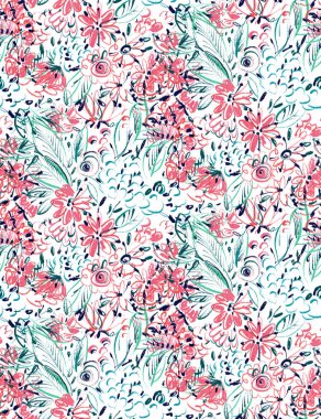 Kusursuz desenli, karalama tarzında çiçekler. Renkli kalemlerle çizim yapmak. El çizimi illüstrasyon. 