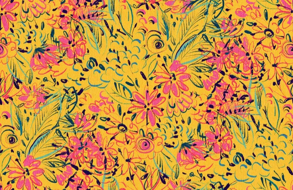 Płynny Wzór Kwiatami Stylu Doodle Rysunek Kolorowych Ołówków Ilustracja Ręcznie — Zdjęcie stockowe
