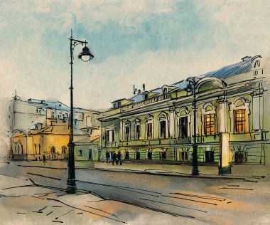 Şehir manzarası. Mürekkep ve suluboya. El çizimi illüstrasyon.