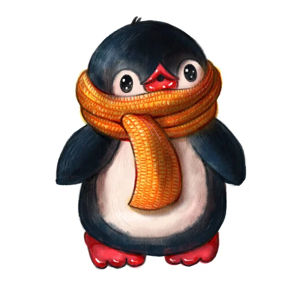 Téli Illusztráció Vicces Rajzfilm Pingvin Egy Sál Elszigetelt Fehér Háttérrel — Stock Fotó