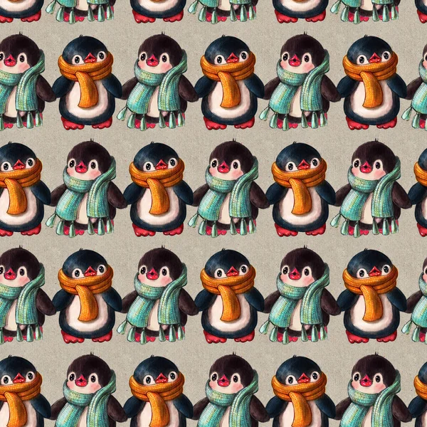 Płynny Wzór Uroczymi Pingwinami Ręcznie Rysowany Rysunek Akwarelą Atramentem — Zdjęcie stockowe