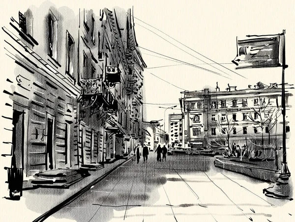 Městská Krajina Kreslit Inkoust Akvarel Černobílý Nákres Ručně Kreslená Ilustrace — Stock fotografie