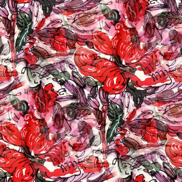 Απρόσκοπτη Μοτίβο Κόκκινα Λουλούδια Ακουαρέλας Χειροποίητη Απεικόνιση — Φωτογραφία Αρχείου