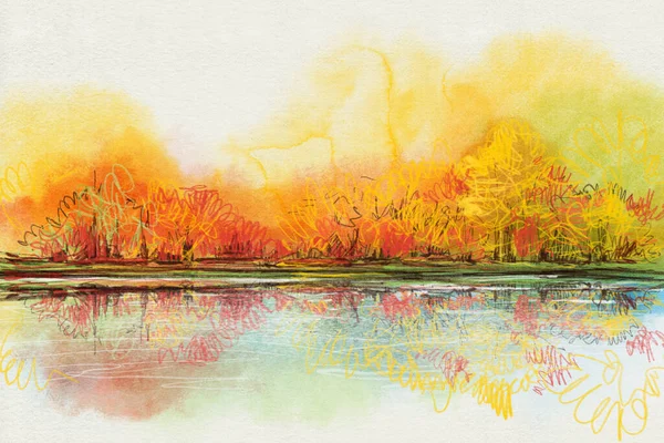 Podzimní Krajina Řekou Ilustrace Akvarelem Barevnými Tužkami — Stock fotografie