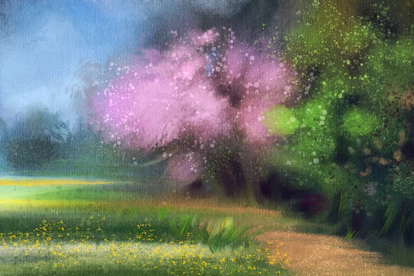 Abstract Impressionisme Voorjaarslandschap Met Bloeiende Appelbomen Moderne Schilderkunst Handgetekende Illustratie — Stockfoto