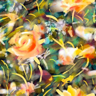 Yaz kumaşları için parlak tropikal çiçeklerle kusursuz desen. Akrilik resim, elle çizilmiş resim.. 